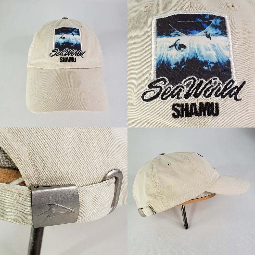 Vintage Sea World Shamu Hat Cap Snap Back 90s Khaki Tan Embroidered